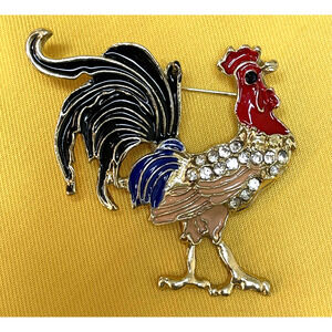 NWOT Rooster Chicken Brooch Pin Red Enamel Blue Tail Clear Rhinestone Gold Toned